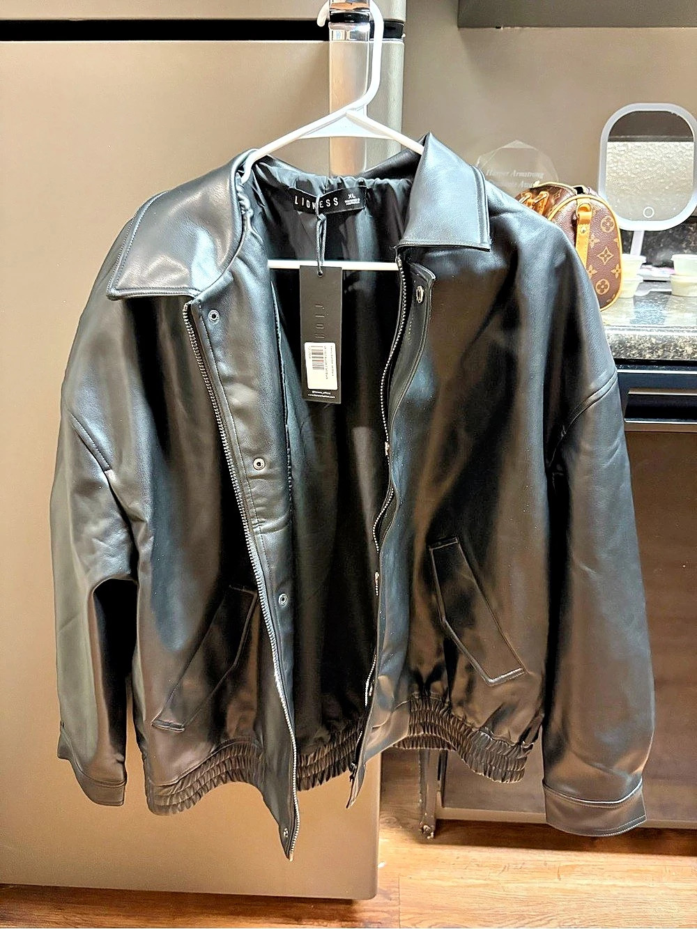 LIONESS Kenny Bomber Jet Black Faux Leather Jacket XL